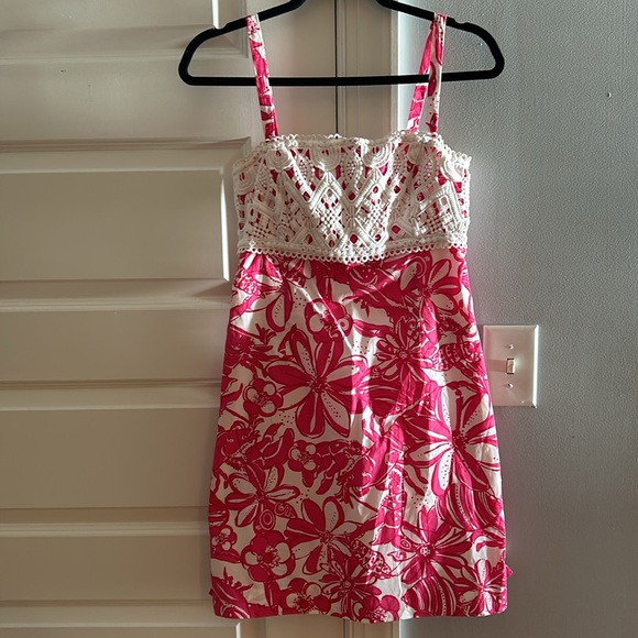 Lilly Pulitzer Hot Pink White Jubilee Lobster Print Crochet Lace Mini Dress - 2 - Picture 6 of 6